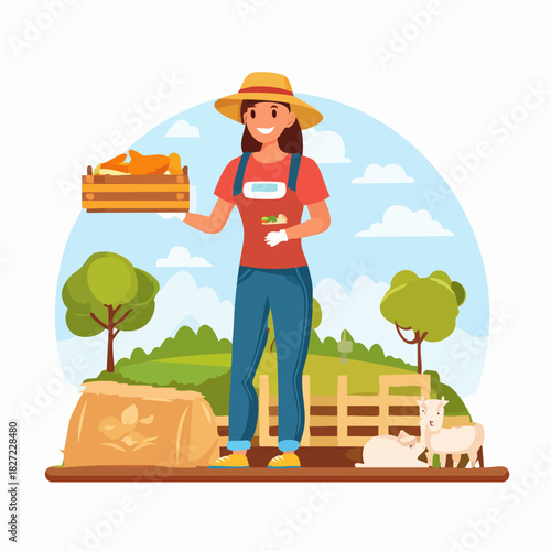 Female farmer standing with harvest on a sunny farm.
