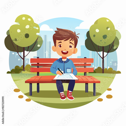 Boy Drawing on Park Bench Illustration.