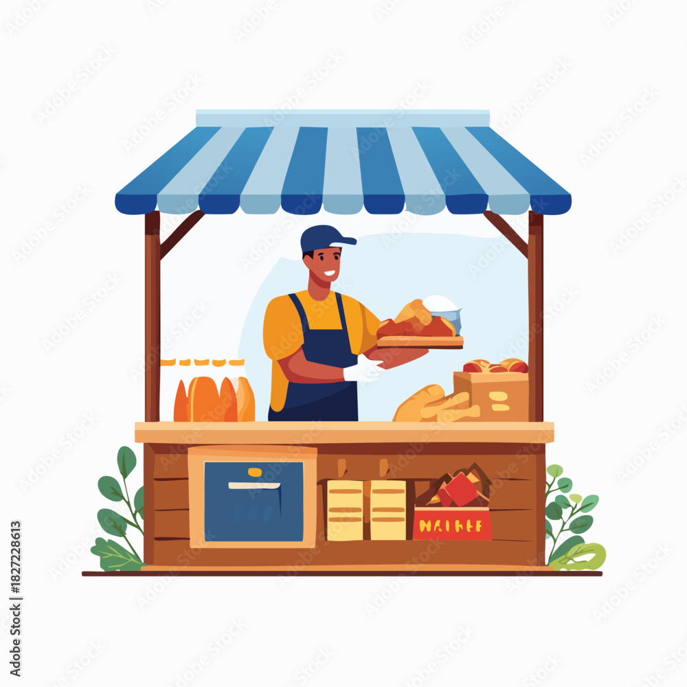 Obraz premium Friendly Baker At Market Stall With Fresh Bread.