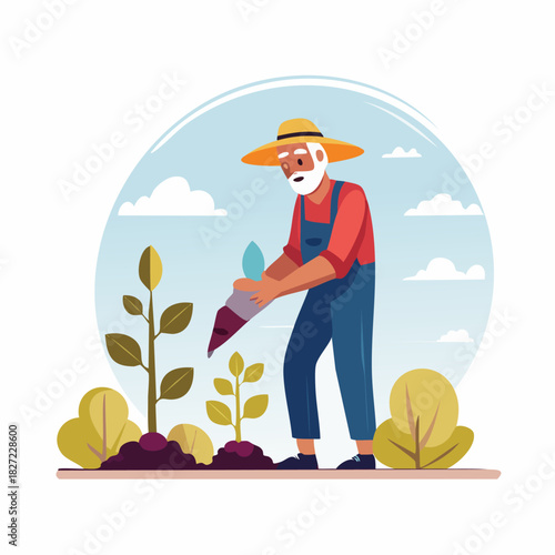 Senior gardener watering plants in a garden.