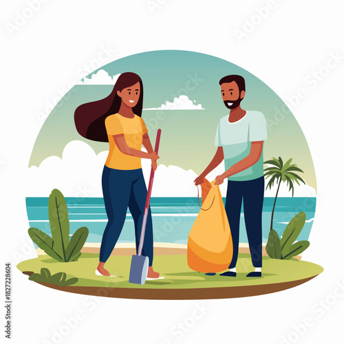 Beach cleanup volunteers collecting litter by the sea.