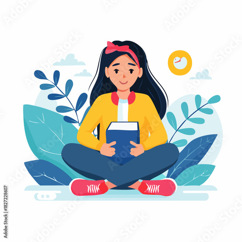 Young girl sitting cross legged reading a book.