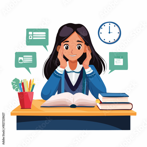 Young Student Sitting at Desk Studying with Books.