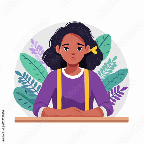 Young girl student at desk with focused expression.