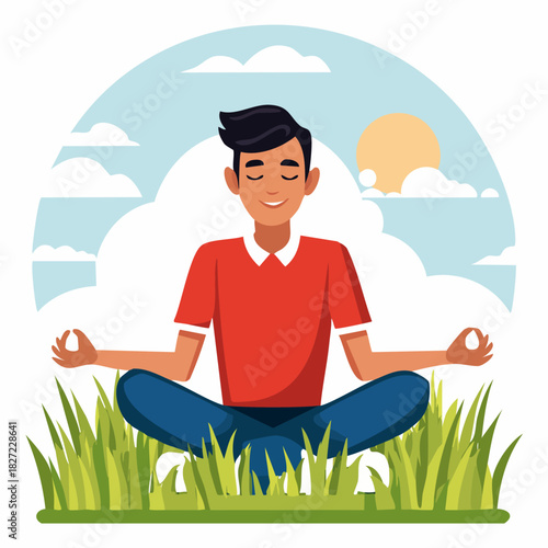 Meditating person in lotus position outdoors.