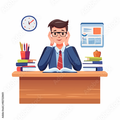 Focused student at desk surrounded by books.
