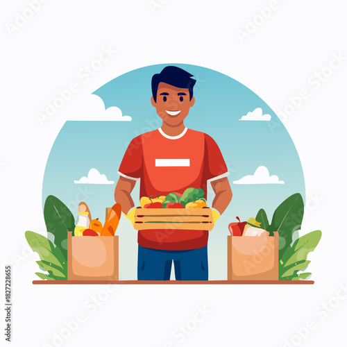 Friendly grocery delivery person with fresh produce.