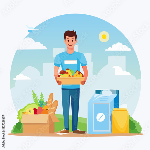 Man Holding Fresh Fruit and Groceries Outdoors.
