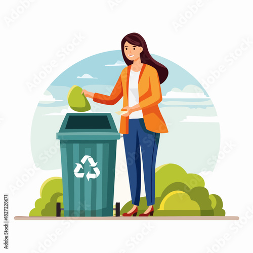 Woman placing item into recycling bin outdoors.