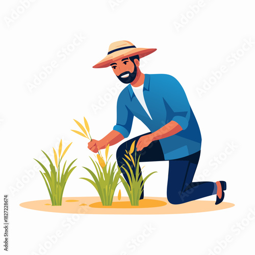 Male Farmer Planting Crops in a Field.