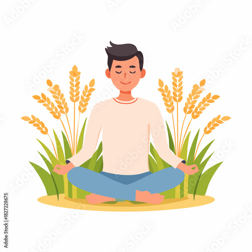 Calm meditating person seated in lotus pose among plants.