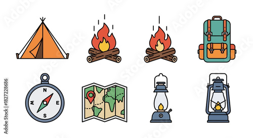 Camping Essentials - Tent, Bonfire, Backpack, Compass, Map, and Lanterns.