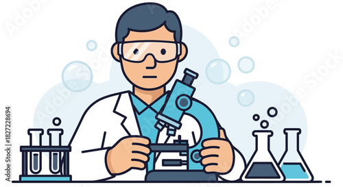 Scientist in Lab Coat with Microscope and Test Tubes.