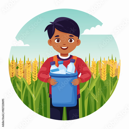 Joyful boy in field holding blue milk jug portrait.