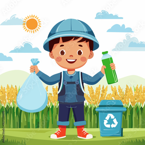 Cheerful child in blue overalls holding a bottle.