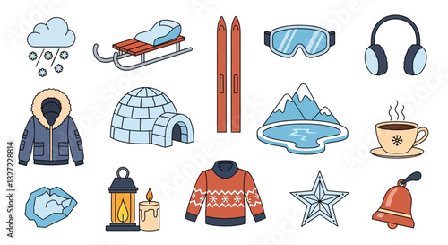 Winter Holiday Icons - Sled, Skis, Igloo, Sweater, and Festive Elements.