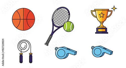 Sports Equipment Collection - Basketball, Tennis, Trophy, Jump Rope, and Whistles.