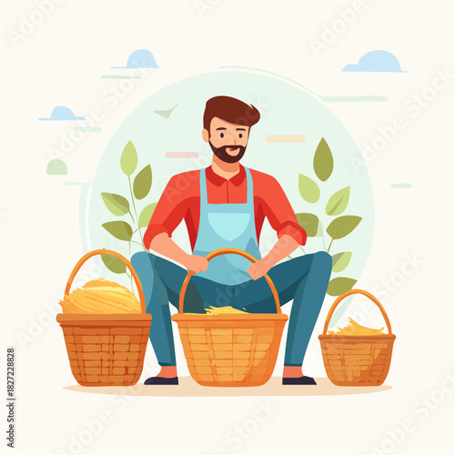 Gardening man with baskets harvesting vegetables.