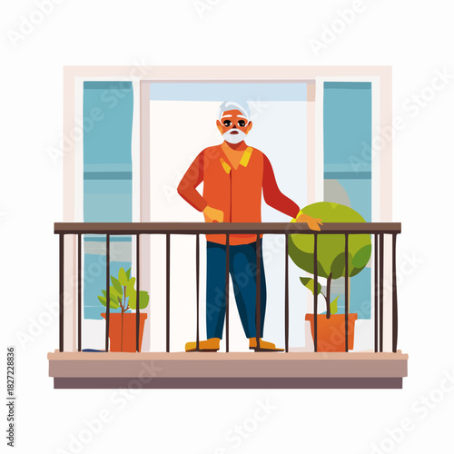 Senior man standing on balcony with potted plants.