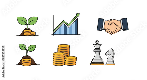 Business and Investment Growth Strategy Icons Set with Financial Elements.