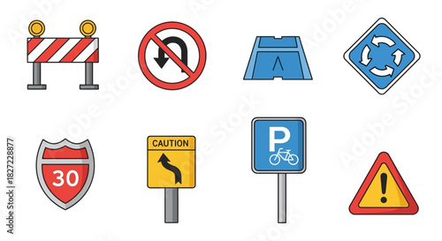 Collection of colorful road signs and traffic symbols.