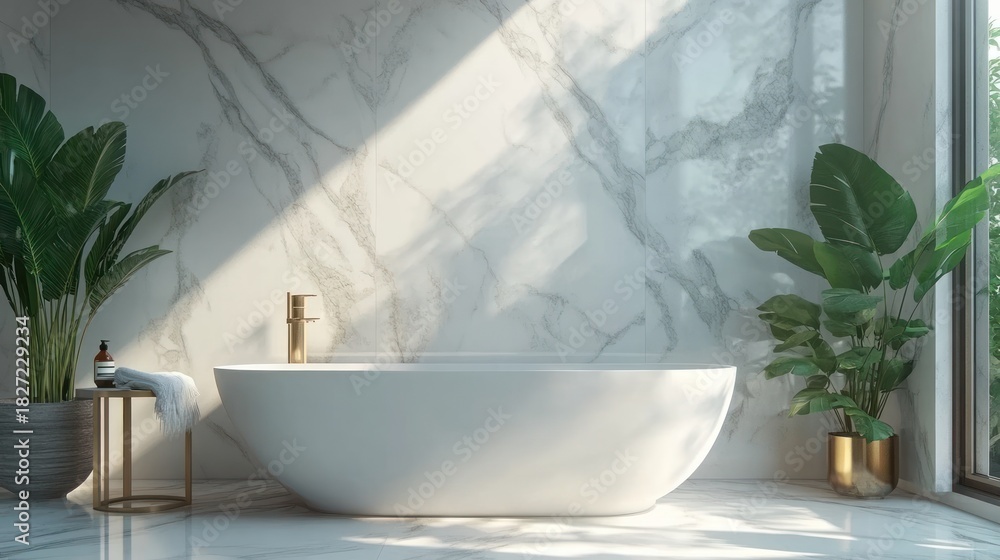Fototapeta premium Modern marble bathroom with bathtub, tropical plants, and sunlight. Use for interior design inspiration