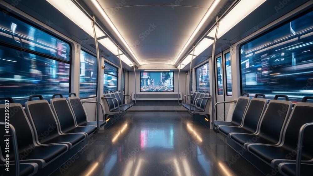 Fototapeta premium Empty subway carriage gliding through a vibrant city at night
