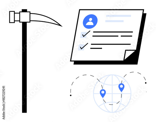 Pickaxe symbolizes data mining, document represents digital profiles, globe with pins highlights global reach. Ideal for recruitment, networking, analytics, research, digital identity, mapping