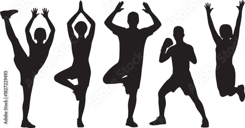 Diverse figures strike balancing, reaching, and boxing poses in silhouette against a transparent background