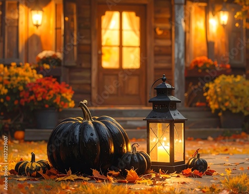 A charming, warm autumn scene featuring a house with glowing lanterns, pumpkins, and a lit candle lantern on a path