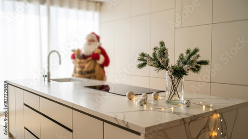 Christmas scene with Santa Claus and gift bag on white marble kitchen island, modern Scandinavian interior, pine branches and warm lights, winter holiday, concept of festive home