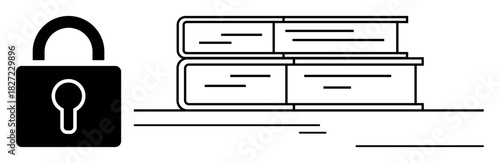 Stack of books with a large padlock representing data security, restricted access, and privacy. Ideal for education, research, cybersecurity, intellectual property, confidentiality, data access