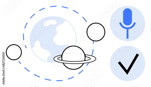 Planet with rings and orbital lines alongside a microphone and checkmark icon. Ideal for technology, communication, podcasting, astronomy, approval, global connectivity, and minimal flat metaphor