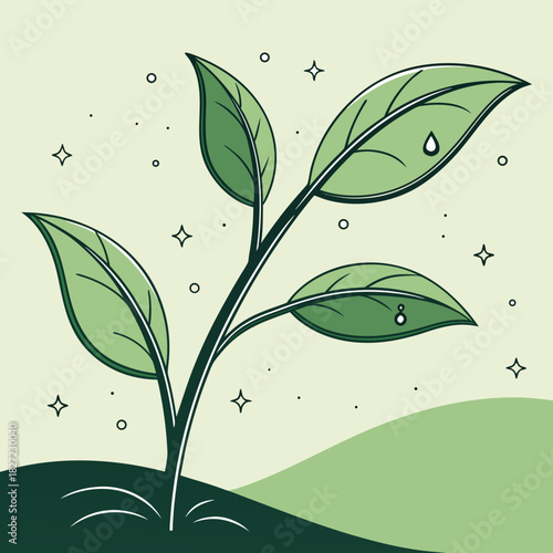 Sprouting plant with dew drops and tiny stars in a design