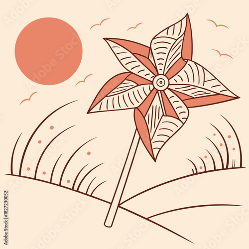 A colorful wind pinwheel in a field under the summer sun