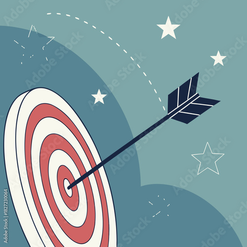 Arrow hitting the target center with several stars