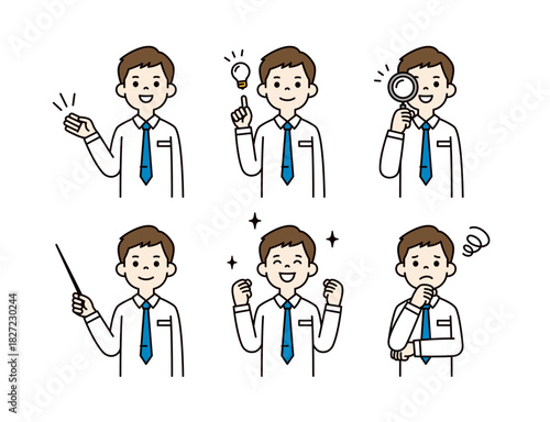 色々な表情・ポーズの、若い男性ビジネスマンの上半身ベクターイラスト素材セット＿カラー