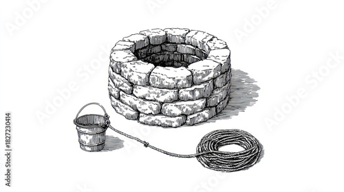Black and white illustration of a stone well with a bucket and coiled rope