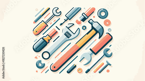 set of illustration images of machine workshop tools or equipment with neat and aesthetic arrangement