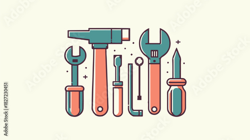 set of workshop machinery tools images with a soft and simple color style