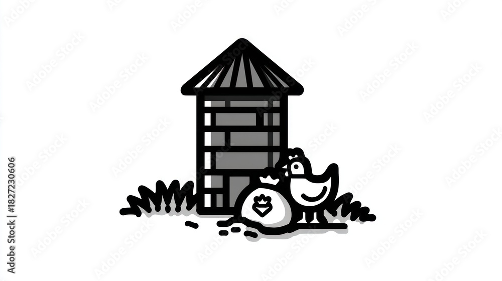 Naklejka premium A cartoon drawing of a brick structure, fowl, and sacks against a white background