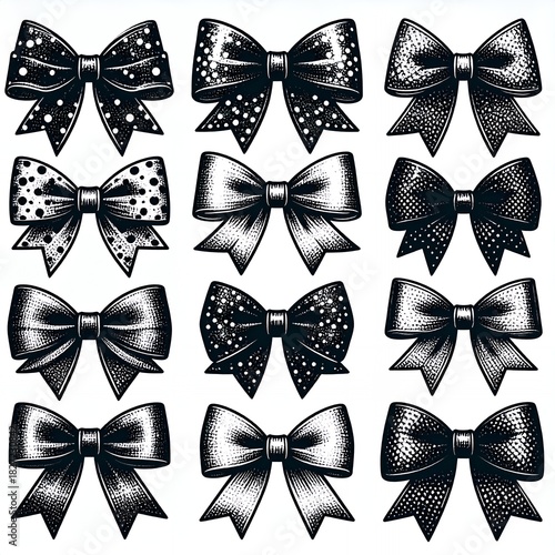 Elegant Collection of Hand-Drawn Bows with Various Patterns and Textures.