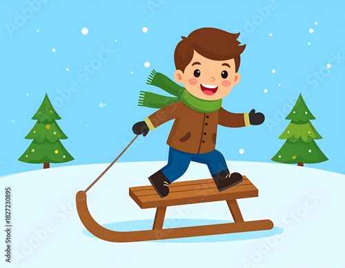 A cheerful boy, bundled in winter attire, enjoys sledding on a snowy day with evergreen trees and falling snowflakes
