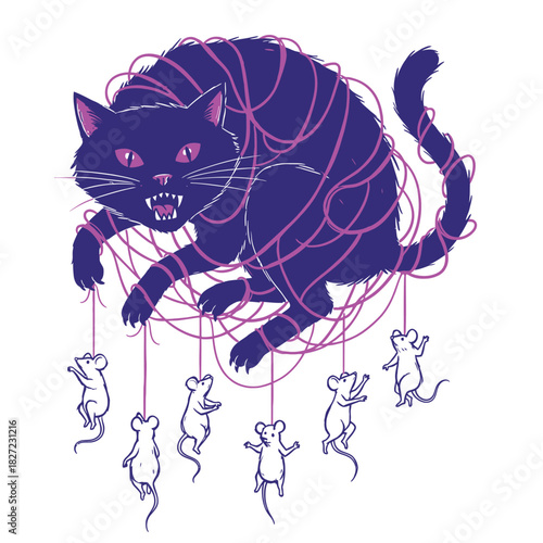 Blue cat tangled in string with mice