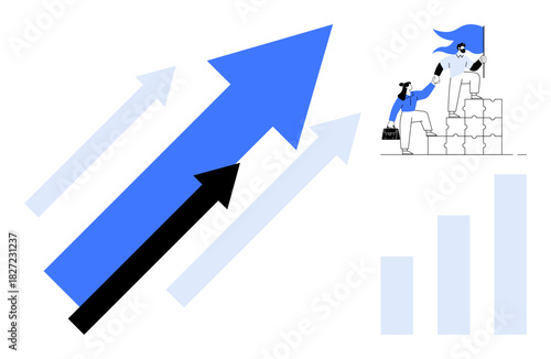 Large blue and black arrows pointing upward alongside a team helping each other climb block steps. Ideal for success, teamwork, leadership, progress, strategy, collaboration, motivation. A simple