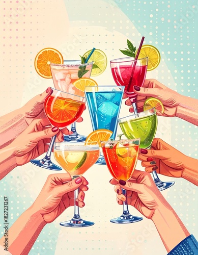 Friends Toasting with Colorful Cocktails and Drinks at a Vibrant Party Celebration.