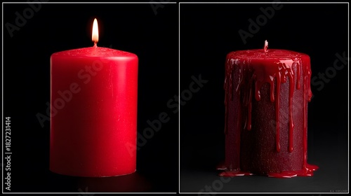 A diptych concept: two identical candles, one bright and new, the other burned out and drippy, side-by-side.