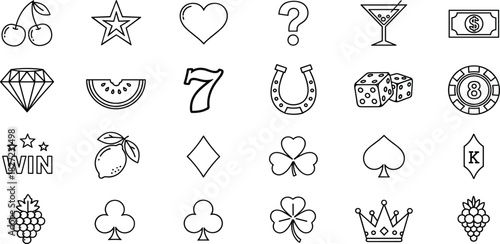 Vector illustration of a simple line icon set representing symbols of luck, fortune, and gambling for casino slot machines