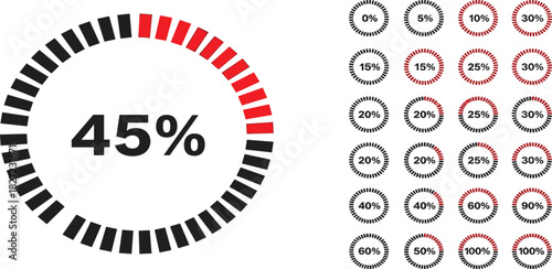 Modern vector set of circular progress bar icons, displaying percentage completions from zero to one hundred, ideal for data visualization, web and application interfaces