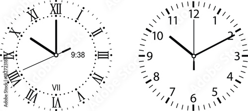 Vector illustration set of two classic clock faces with Roman and Arabic numerals, symbolizing the passage of time and deadlines in a minimalist design